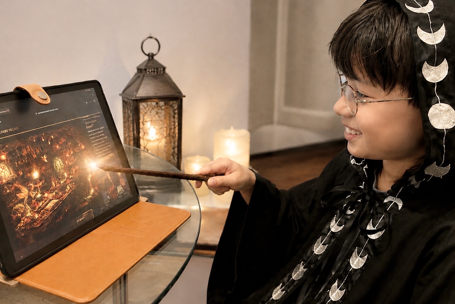 オンラインレッスンで子どもがタブレットに映る魔法学校（Fairy Village）を杖で指す様子
